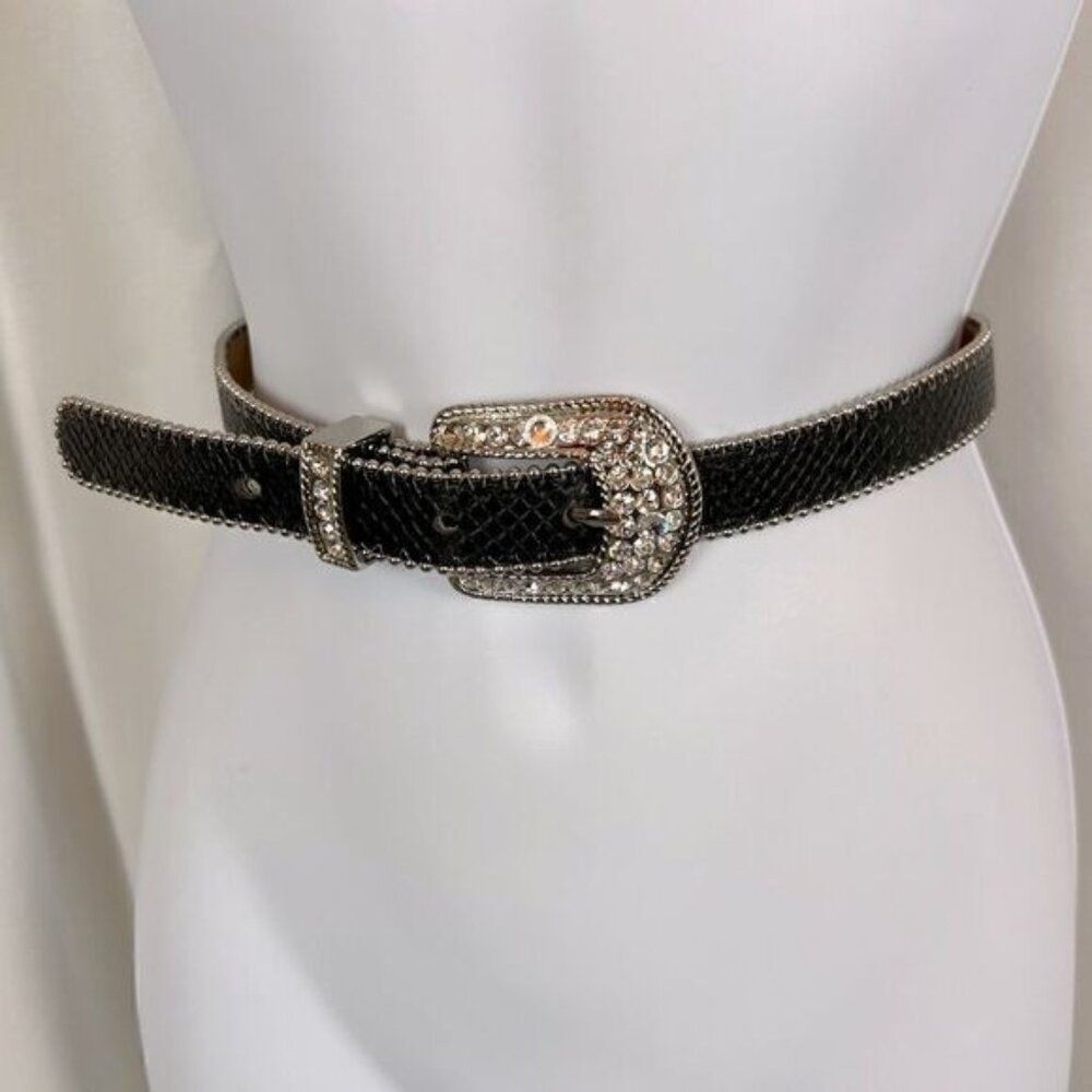 CACHE WOMENS BLACK LEATHER BELT WITH SIMULATED DIAMONDS SIZE S